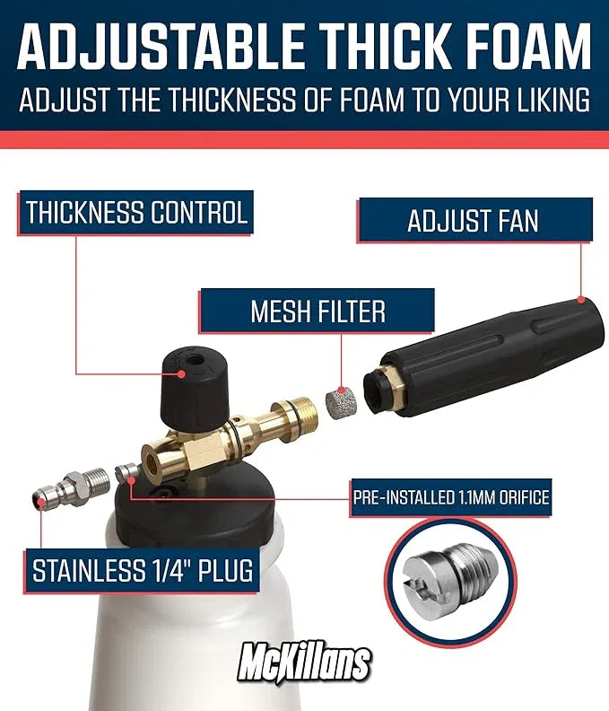 McKillans® Short Pressure Washer Gun Upgrade Kit: Stubby Gun + Rinsing Wand + Wide Mouth Foam Cannon + Stainless Quick Connect Kit (M22-14mm) - NeatNest