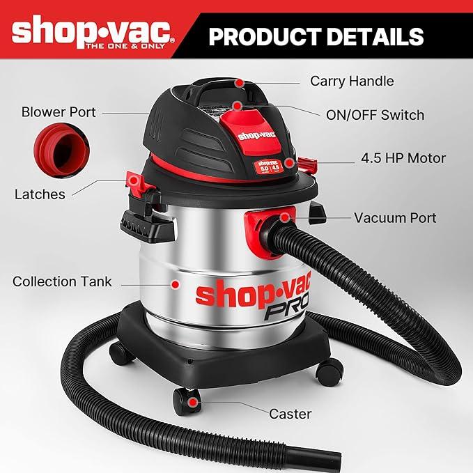 Shop-Vac 5 Gallon 4.5 Peak HP Wet/Dry Vacuum, Stainless Steel Tank, Portable Shop Vacuum with Filter, Hose and Accessories for Garage, Workshop. 5920588 - NeatNest