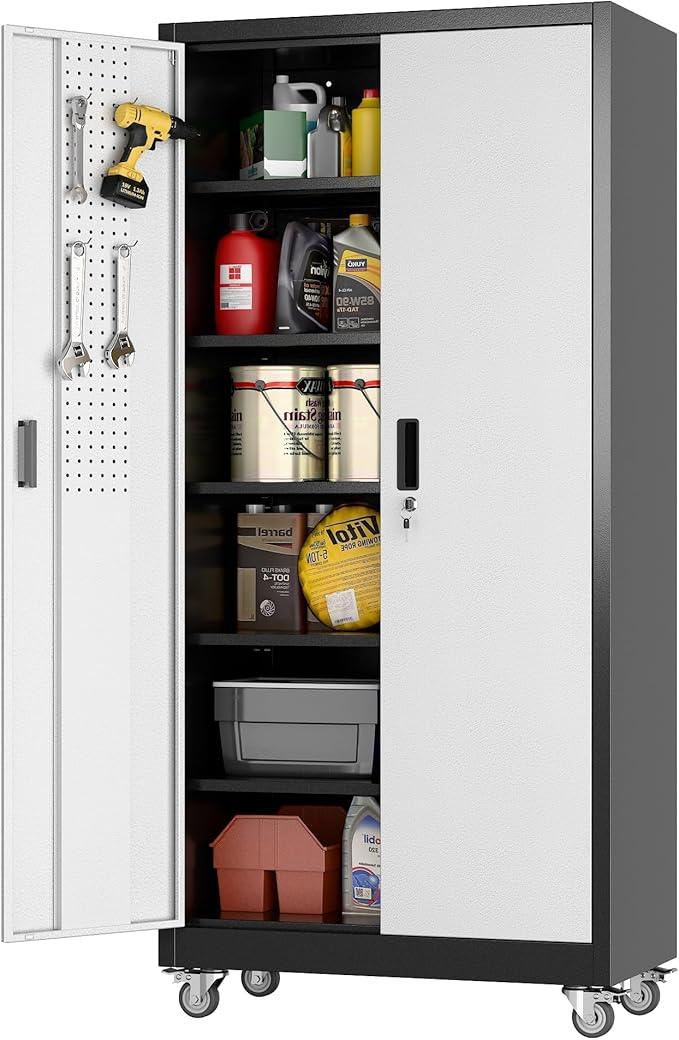 SUXXAN Garage Storage Cabinet with Pegboard and 5 Adjustable Shelves, 71'' x 34'' x 18''Metal Lockable Cabinet with Magnetic Doors,Tool Storage,Home Office Garage,Gym,School (Black-Silver) - NeatNest