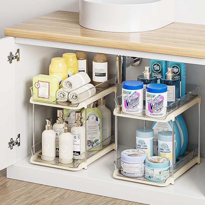 Delamu 2-Tier Multi-Purpose Bathroom Under Sink Organizers and Storage, Stackable Kitchen Pantry Organization, Pull Out Medicine Cabinet Organizer with Movable Dividers, Beige, 4 Pack - NeatNest
