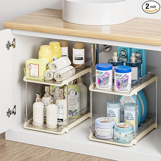 Delamu 2-Tier Multi-Purpose Bathroom Under Sink Organizers and Storage, Stackable Kitchen Pantry Organization, Pull Out Medicine Cabinet Organizer with Movable Dividers, Beige, 2 Pack - NeatNest