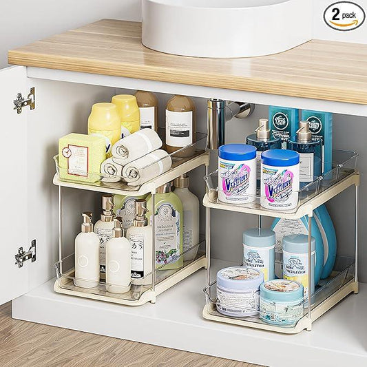Delamu 2-Tier Multi-Purpose Bathroom Under Sink Organizers and Storage, Stackable Kitchen Pantry Organization, Pull Out Medicine Cabinet Organizer with Movable Dividers, Beige, 2 Pack - NeatNest