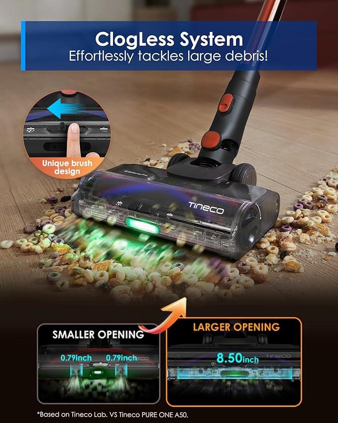 Tineco Pure ONE S70 Cordless Vacuum Cleaner, 200AW Powerful Suction, 3D Sense Pro Cleaning System, 6-Stage Filtration with 95min Runtime, Zero Tangle Brush with 180° Foldable Tube (Blue-Orange) - NeatNest