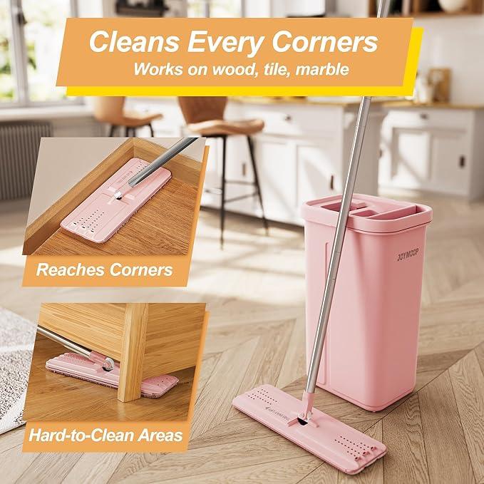 JOYMOOP Pink Mop and Bucket with Wringer Set for Home, with 3 Reusable Microfiber Mop Pads, Hands-Free Self-Cleaning System, Suitable for Floor Cleaning and Wall Cleaner - NeatNest