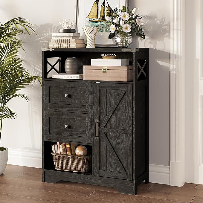 Fameill Farmhouse Storage Cabinet with 2 Drawers & Shelves,Freestanding Kitchen Cabinet with Doors,Floor Storage Organization for Living Room,Bathroom,Laundry,Black - NeatNest