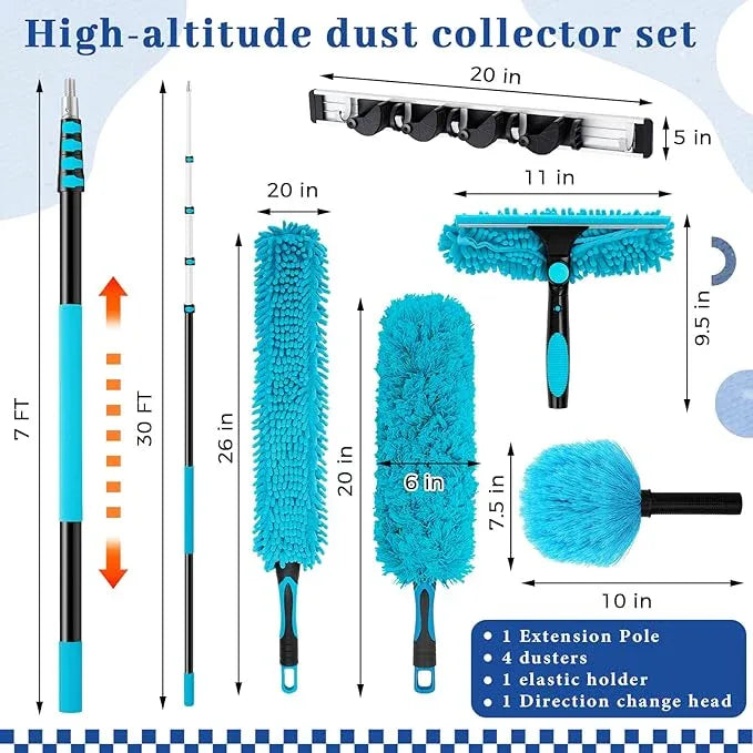36 Foot High Reach Duster Kit with 7-30 ft Extension Pole, High Ceiling Fan Cleaner Duster Tool for Fan Blades, Window Squeegee, Washable Dust Brush for Roof and Glass Surfaces (7-30 ft) - NeatNest
