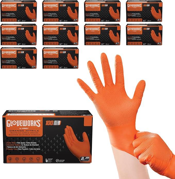 GLOVEWORKS HD Orange Nitrile Disposable Gloves 8 Mil Raised Diamond Texture, 100 - NeatNest