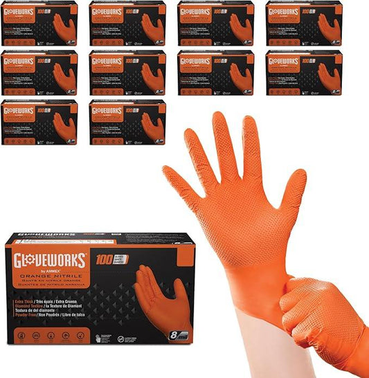 GLOVEWORKS HD Orange Nitrile Disposable Gloves 8 Mil Raised Diamond Texture, 100 - NeatNest