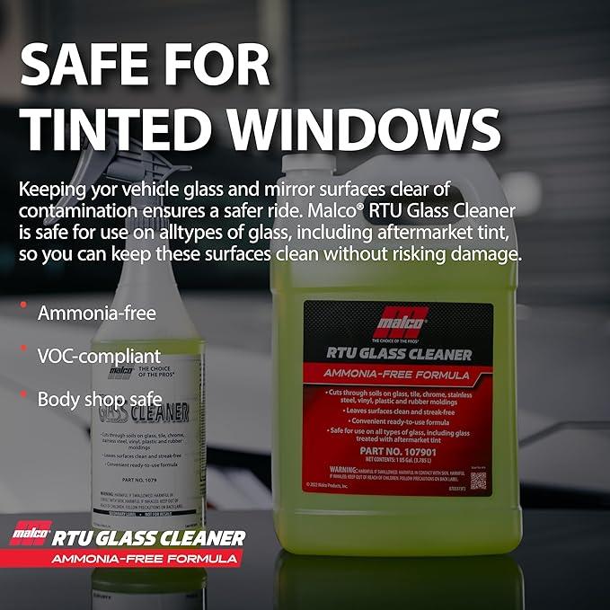 Malco Ready-To-Use Glass Cleaner - Streak-Free Removal of Dirt, Grease, Oils, & Bug Debris from Glass, Chrome, Tile, Stainless Steel, Vinyl, Rubber/Ammonia-Free & Tint Safe / 1 Gallon (107901) - NeatNest