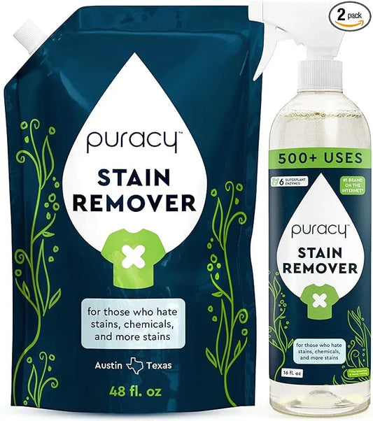 Puracy Stain Remover, Natural Based Travel and Laundry Stain Cleaner for Clothes, Baby Essentials, Kids Stains, Oil and Fabric Spot Cleaner, Unscented (Stain Remover Spray and Refill, 64 fl oz) - NeatNest