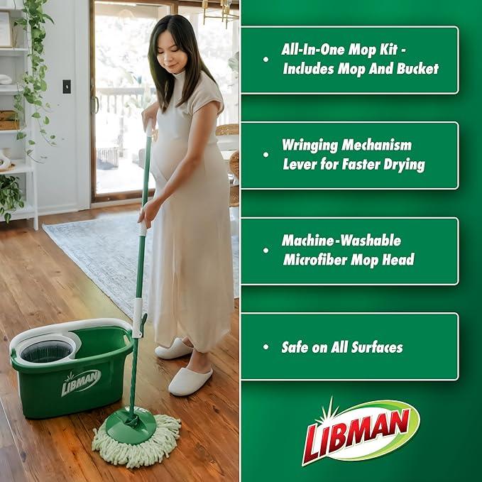 Libman Tornado Spin Mop System with Refill Heads, Microfiber Spinning Mop and Bucket with Wringer Set for Home, Floor Cleaning of Hard-Wood, Laminate, Tile, All Surface Cleaner - NeatNest