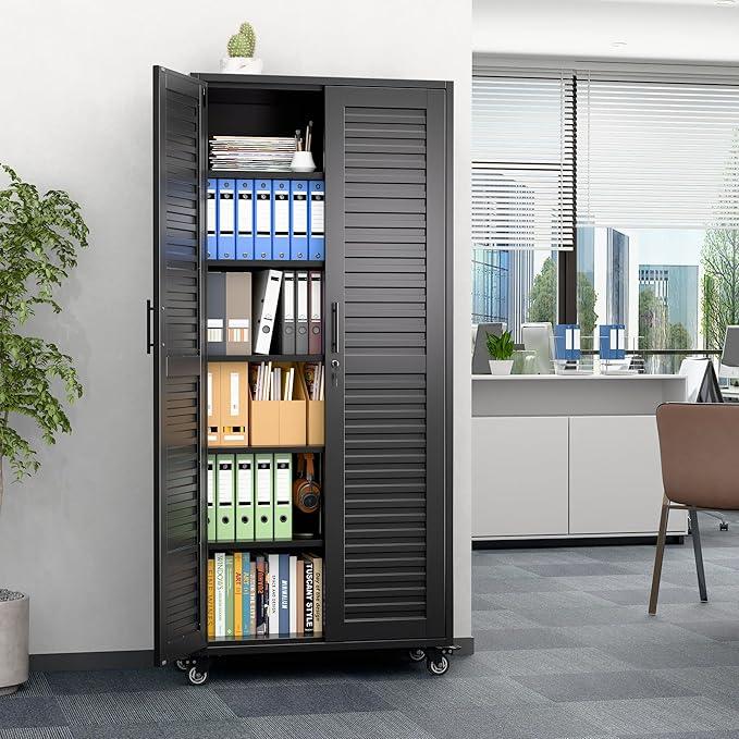 SUXXAN Garage Storage Cabinet with Wheels Pegboard and 5 Adjustable Shelves, 71"x 31.5"x15.8" Metal Lockable Cabinet with Louvered Doors, Tool Storage, Home Office Garage, Gym, School (Black) - NeatNest