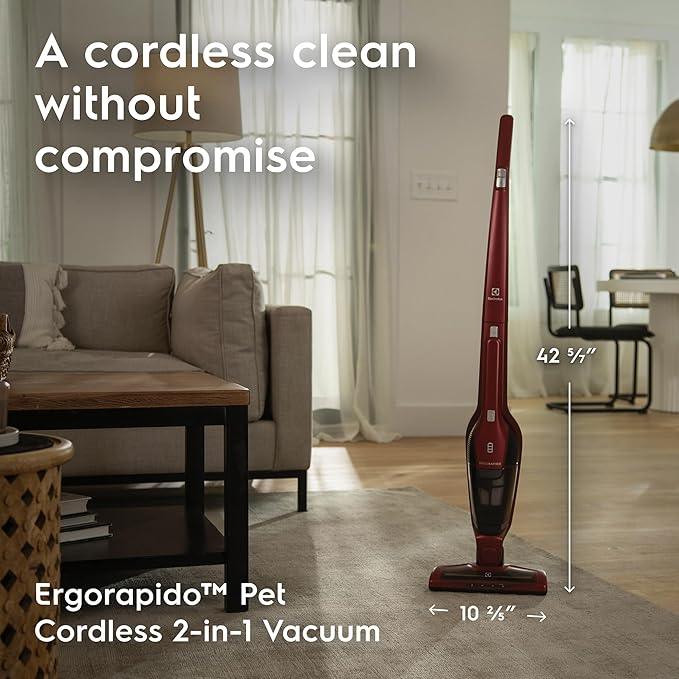 Electrolux Ergorapido Pet Cordless 2-in-1 Vacuum Cleaner with Motorized Pet Nozzle for Easy Pet Hair Removal, 48-Minute Run Time, 2 Power Modes, Chili Red - NeatNest