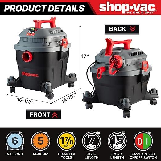 Shop-Vac 6 Gallon 5 Peak HP Wet/Dry Vacuum, Portable Shop Vacuum with Attachments for Jobsite, Garage & Workshop. 5430097 - NeatNest