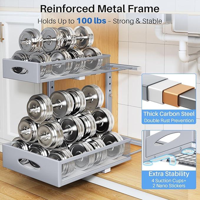 Under Sink Organizer, 2 Tier Pull Out Under Cabinet Organizer Shelf with Pad for Framed Cabinets, Metal Slide Out Under Sink Storage, Mesh Sliding Drawers for Kitchen Bathroom Laundry(Grey, 1 Pack) - NeatNest