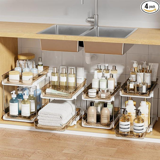 Delamu 2-Tier Multi-Purpose Bathroom Under Sink Organizers and Storage, Stackable Kitchen Pantry Organization, Pull Out Medicine Cabinet Organizer with Movable Dividers, Amber, 4 Pack - NeatNest