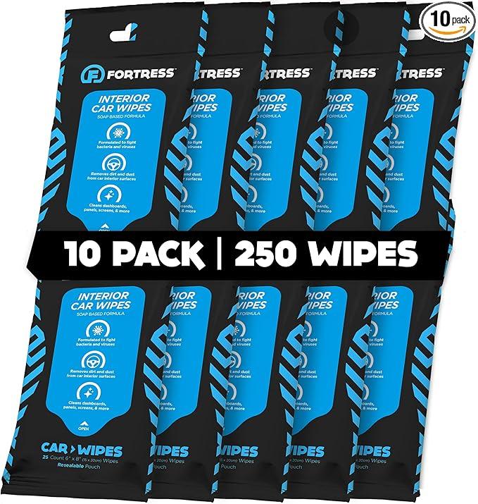 Fortress Car Interior Wipes (25 ct, Pack of 10) for Car Interior Cleaning, Dashboard, Seats, Detailing, and Steering Wheel [Travel Size] Skin-Safe Car Interior Cleaner Supplies - NeatNest