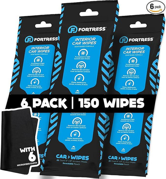 Fortress Car Wipes with Microfiber Cloth (25 ct, Pack of 6) for Interior Cleaning, Dashboard, Seats, Detailing, Steering Wheel [Travel Size] Skin-Safe Cleaner Supplies - NeatNest