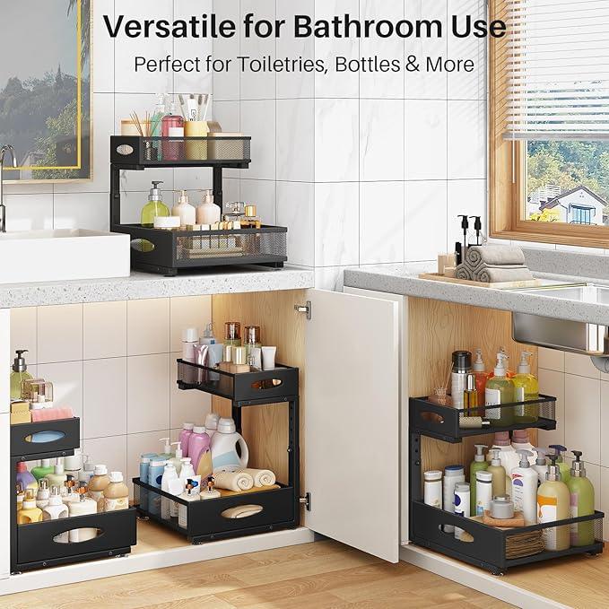Under Sink Organizer, 2 Pack 2 Tier Pull Out Under Cabinet Organizer Shelf with Pad for Framed Cabinets, Metal Slide Out Under Sink Storage, Mesh Sliding Drawers for Kitchen Bathroom Laundry, Black - NeatNest