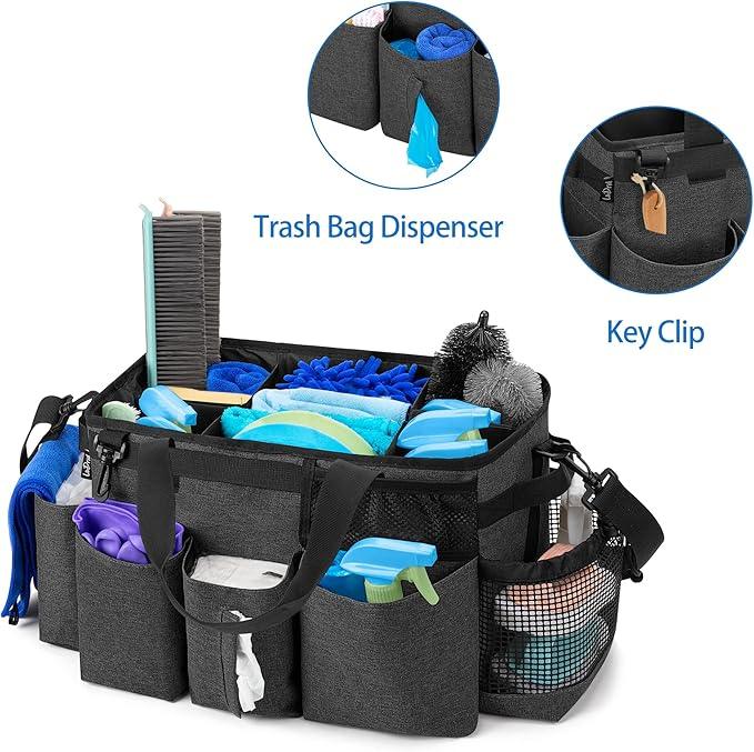 LoDrid Wearable Cleaning Caddy Bag with 4 Foldable Dividers, Cleaning Supply Organizer with Shoulder Strap and Side Handles for Cleaners & Housekeepers, Black - NeatNest