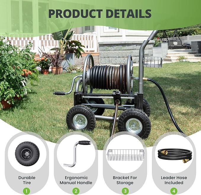 Giraffe Tools Heavy Duty Garden Hose Reel Cart with Wheels - Industrial Outdoor Hose Storage Reel, Pre-Installed Guide for 250-Feet of 5/8" Hose Capacity - NeatNest