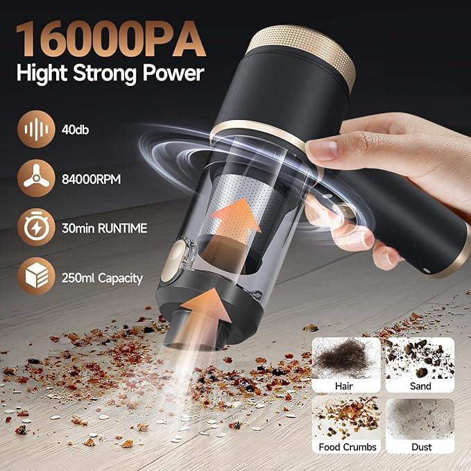 7 in 1 Car Vacuum Portable Cordless ,16000PA Strong Suction Handheld Car Cleaner With Dual HEPA Filters,LED Light,Type-C Charging Mini Vacuum, One-Click Empty Compact For Home Cleaning and Office - NeatNest