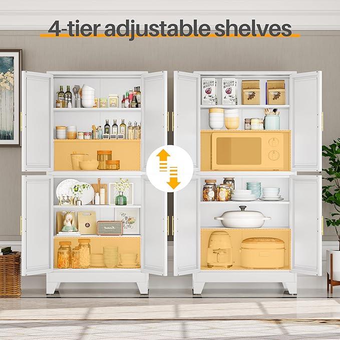 75" H Tall Kitchen Pantry Cabinet, Pantry Storage with Doors and 3 Adjustable Shelves, Metal Storage, Cupboard for Kitchen, White - NeatNest