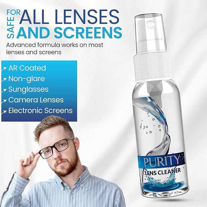 Purity Eyeglass Cleaner Family Pack - Multi-Size Lens Cleaner Kit - 1x1oz, 1x2oz, 1x4oz, 1x8oz Bottles + 4 Premium Microfiber Cloths - Safe for All Lenses, Eyeglasses, & Screens - Streak-Free Formula - NeatNest