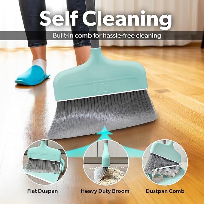 BLACK+DECKER Butler Broom & Dustpan Set - Short Handle, Stand-Up Design - Lightweight, Space-Saving Combo for Kitchen, Living Room, Bathroom, Lobby Floors - Home Cleaning Essential, Teal/Grey - NeatNest