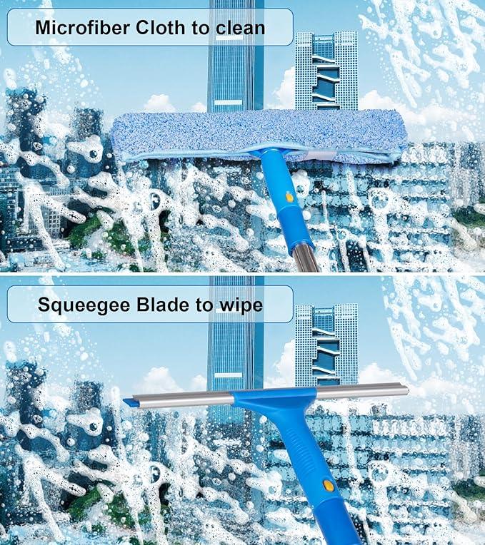 Window Squeegee Cleaner with 4 Stainless Steel Extension Poles,Long Reach to 58inch, Scrubber, Glass Scraper, Bendable Duster, 2 Scrubber Cloth for Window, Car, Professional Cleaning Kit - NeatNest
