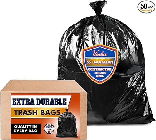Veska Contractor Garbage Bags 55 Gallon Heavy Duty (MegaValue 50 Bags w/Ties) Contractor Trash Bags 50-60 Gallon 3 Mil Contractor Bag Heavy Duty 55 Gallon, Extra Large Industrial Contractor Trash Bags - NeatNest