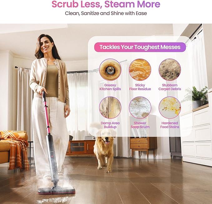 Schenley Steam Mop Cleaner Powerful - 15s Fast Heat-Up, Chemical-Free for Hardwood/Tile/Laminate & Floors/Walls, Washable Pads, 3 Modes for Carpet, Lightweight, Self-Standing, Sleek Design - NeatNest