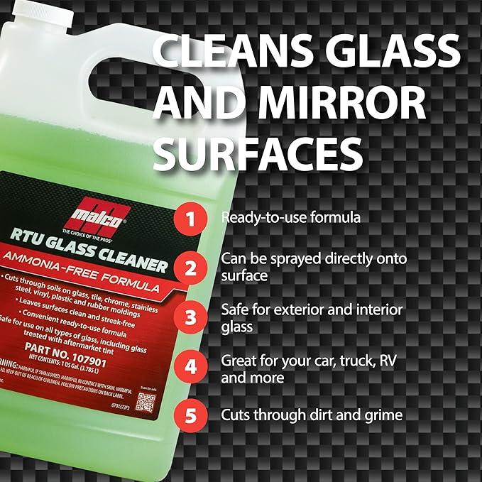 Malco Ready-To-Use Glass Cleaner - Streak-Free Removal of Dirt, Grease, Oils, & Bug Debris from Glass, Chrome, Tile, Stainless Steel, Vinyl, Rubber/Ammonia-Free & Tint Safe / 1 Gallon (107901) - NeatNest