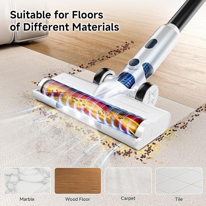 Cordless Vacuum Cleaner for Home - Lightweight, Stick Vacuum Clean with Rechargeable Battery, Max 45Mins Runtime, 8 in 1 Handheld Vacuum for Hardfloor & Carpets Pet Hair, White&Yellow - NeatNest
