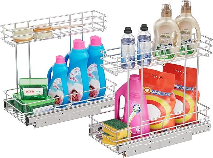 Under Sink Organizer 2 Packs, Pull Out Cabinet Organizer 2 Tier, Under Sink Slide Out Organizer Chrome Plated, Under Kitchen Bathroom Sink Organizer, Pantry Cabinet Closet Organization Rack, 9"W X19"D - NeatNest