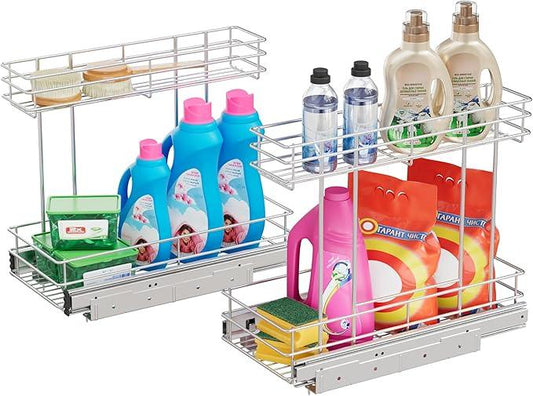 Under Sink Organizer 2 Packs, Pull Out Cabinet Organizer 2 Tier, Under Sink Slide Out Organizer Chrome Plated, Under Kitchen Bathroom Sink Organizer, Pantry Cabinet Closet Organization Rack, 9"W X19"D - NeatNest