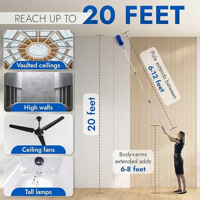 Webster Cobweb Duster and Spider Web Kit, Reach High Ceilings 18 To 20 Foot With Extension Pole and 3 Multi Use Heads - NeatNest