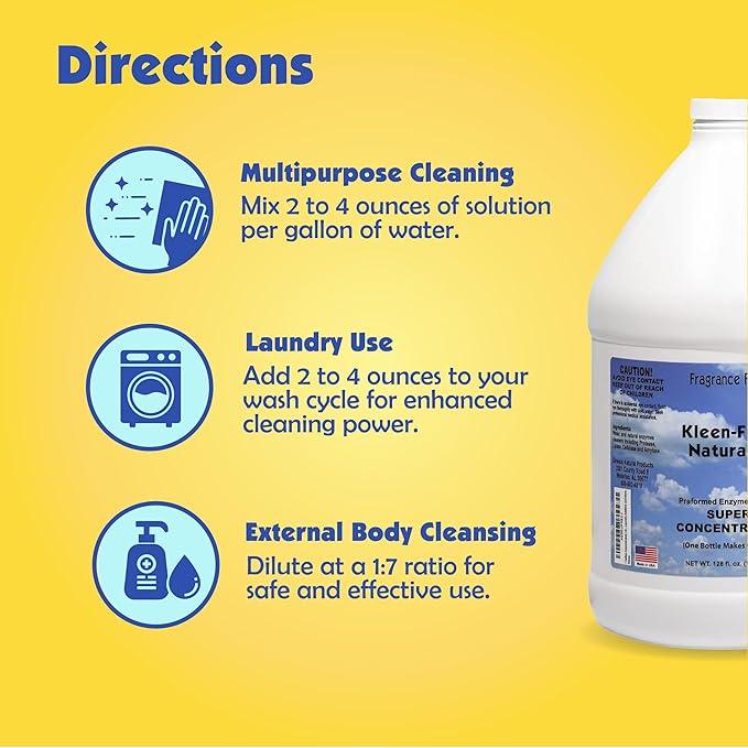 Kleen Free Naturally Enzyme Cleaner, Enzyme Solution, and Multi-Purpose Cleaner, Laundry Additive and More (Unscented, 128oz) - NeatNest