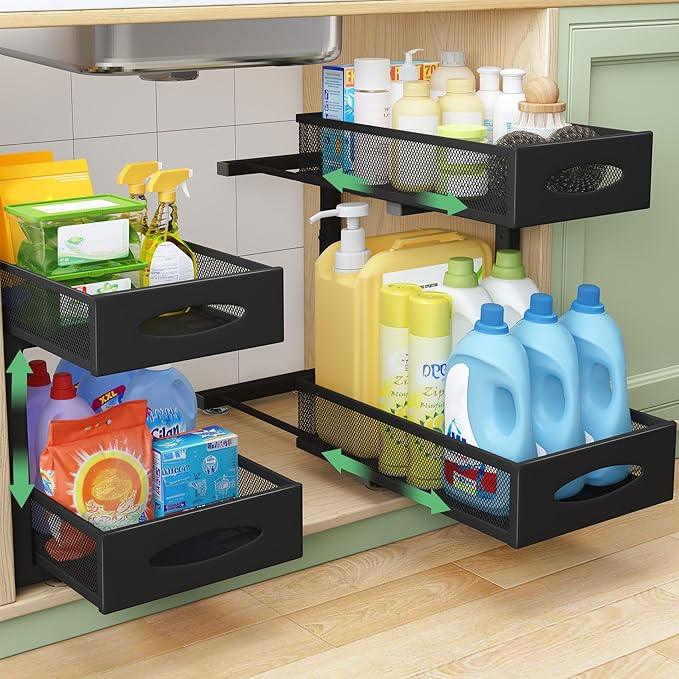 Under Sink Organizer, 2 Tier Pull out Cabinet Organizer Baskets with Mesh Sliding Drawers, Slide out Storage Shelf for Home, Kitchen, Bathroom, Pantry, Office Cabinet, Countertop(1 Pack) - NeatNest