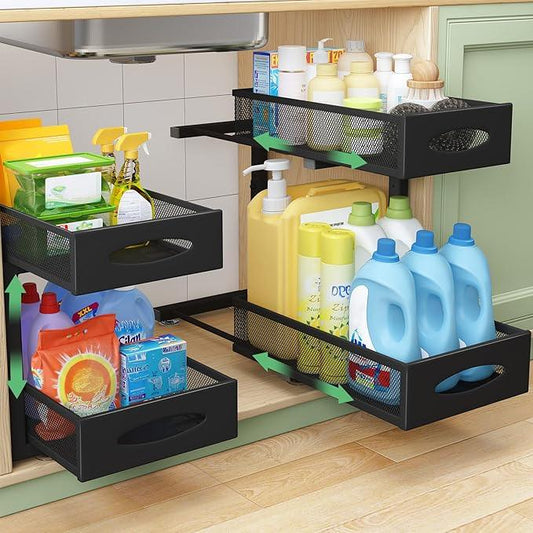 Under Sink Organizer, 2 Tier Pull out Cabinet Organizer Baskets with Mesh Sliding Drawers, Slide out Storage Shelf for Home, Kitchen, Bathroom, Pantry, Office Cabinet, Countertop(1 Pack) - NeatNest
