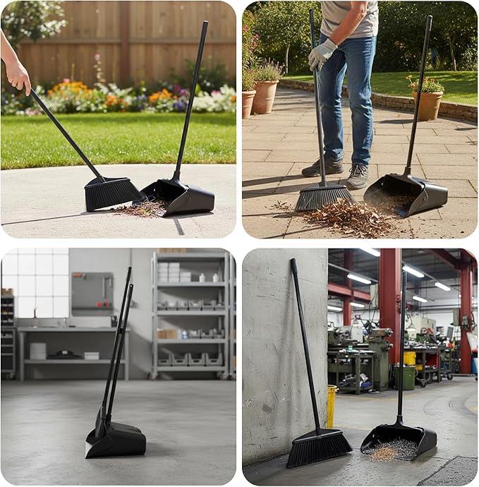 Primero Basics Broom and Dustpan Set with Long Handle and Wheels, Upright Standing Heavy Duty Large Dust Pan and Broom Combo for Indoor Outdoor, Kitchen, Garage, Restaurant Cleaning – Black - NeatNest