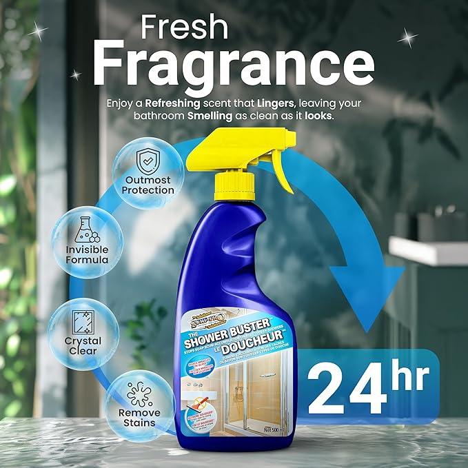 Shower Glass Door Cleaner – Shower Buster Spray for Soap Scum & Hard Water Stains – No Scrub Bathroom Cleaner for Glass, Tile, Chrome, Ceramic, RV and Septic Safe (500ml / 16.9oz) - NeatNest