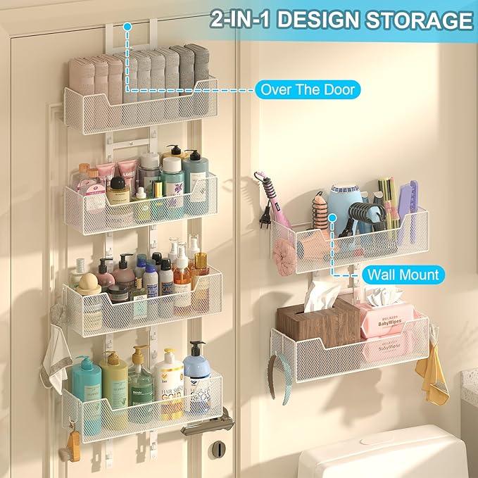 Over The Door Organizer, Metal Hanging Door Organizer with 6 Adjustable Baskets and 5 Hooks, Behind The Door Storage for Closet Pantry Cabinet Kitchen Bathroom Bedroom, White - NeatNest