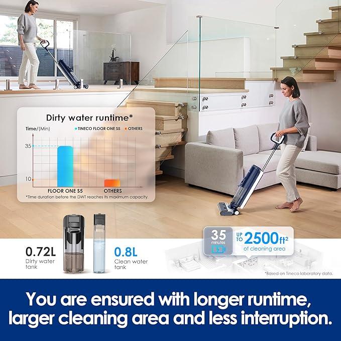 Tineco Floor ONE S5 Smart Cordless Wet Dry Vacuum Cleaner and Mop for Hard Floors, Digital Display, Long Run Time, Great for Sticky Messes and Pet Hair, Space-Saving Design, Blue - NeatNest