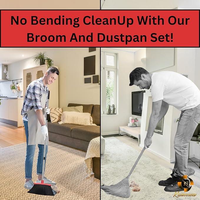 Standing Broom and Dustpan Set, Built-in Scraper Teeth, No-Slip Grip, Dust Collection Tray for Home, Office, Lobby, and Outdoor, Adjustable Handle from 38.18" to 52" (Black and Red) - NeatNest
