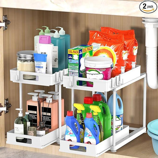 Under Sink Organizers and Storage, 2 Pack Large Capacity Heavy Load Double Pull-out Under Sink Shelves with Sliding Drawer for Kitchen and Bathroom, White - NeatNest
