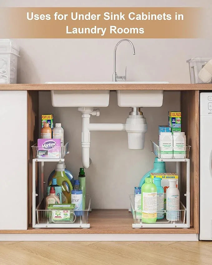 UMDONX Under Sink Organizer 2-Pack Adjustable Bathroom Under Sink Pull-Out Organizer with 5 Adjustable Heights for Kitchen, Bathroom & Laundry Storage - NeatNest
