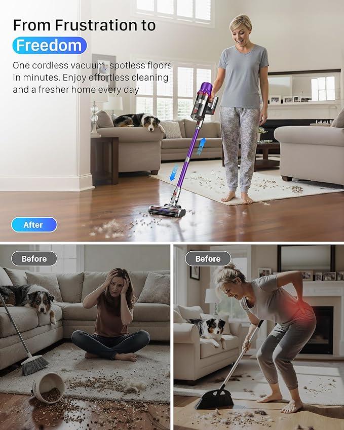 Cordless Vacuum Cleaner - Powerful Stick Vacuum with HEPA Filter, 55-Min Runtime, LED Light, Anti-Tangle Brush, Detachable Battery, Lightweight for Home, Pet Hair, Carpets & Hard Floors - NeatNest