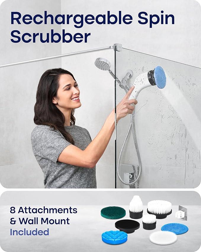 Electric Spin Scrubber for Cleaning - Shower Scrubber with Long Handle and 7 Replaceable Heads - 2 Speed Cordless Shower Brush for Cleaning with Long Battery Life, White - NeatNest