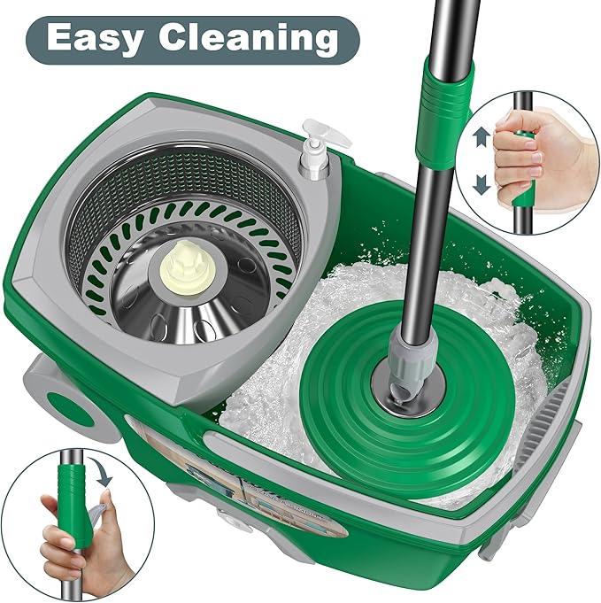 Dual Compartment Spin Mop and Bucket, Mop and Bucket with Wringer Set,360°Rotating Spinning Mopping for Floor Cleaning with 6 Microfiber Replacement Heads, 61" Extended Handle, 2X Wheel - Deep Green - NeatNest